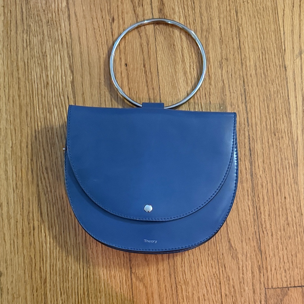 Theory Blue Leather Wristlet with Silver Ring